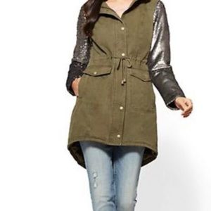 New York & Company Olive Green Sequin-Sleeve Anorak Jacket